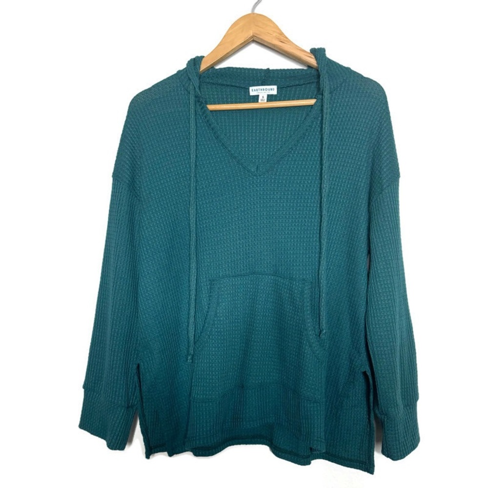 Earthbound Green Teal Waffle Knit Light Hooded Sweater Hoodie Women’s Sz Small
